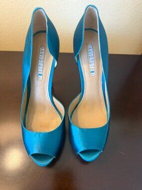 blue satin david tutera heels